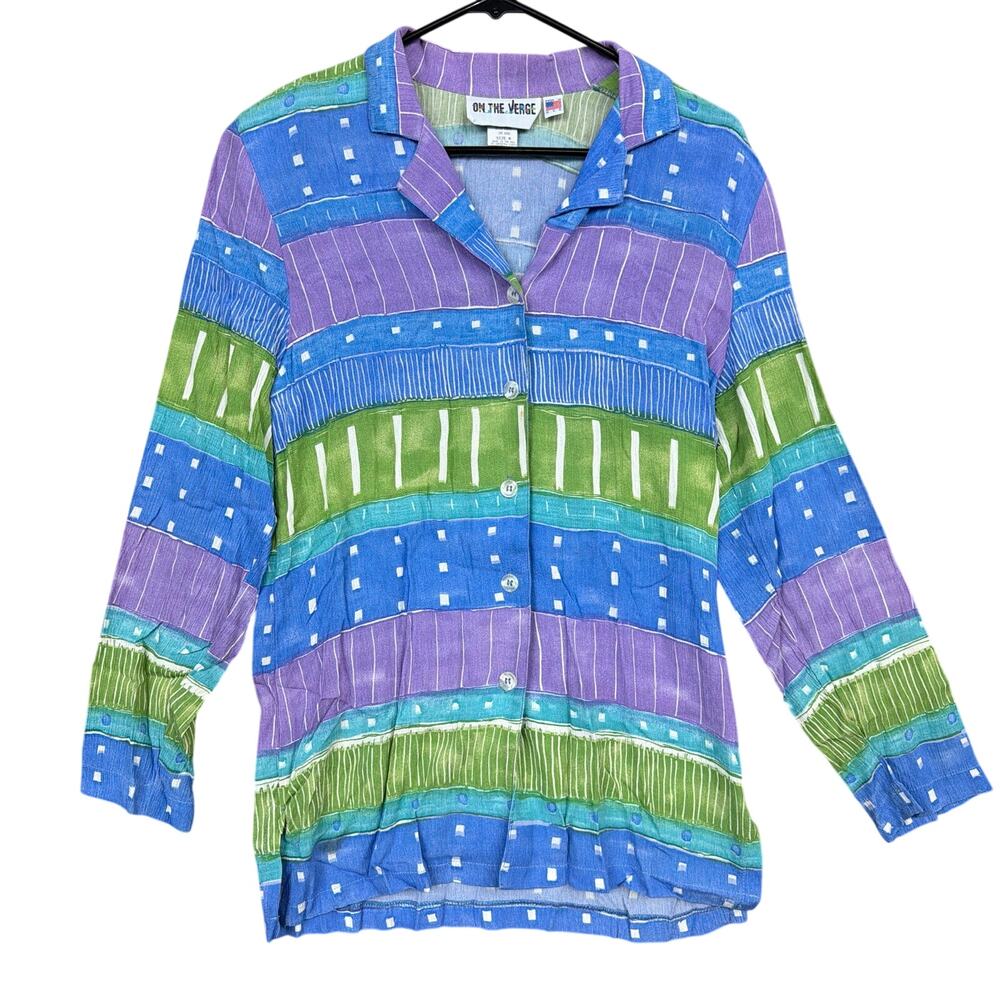 Vintage On The Verge Womens Blouse Multicolor Button Down Abstract Striped M